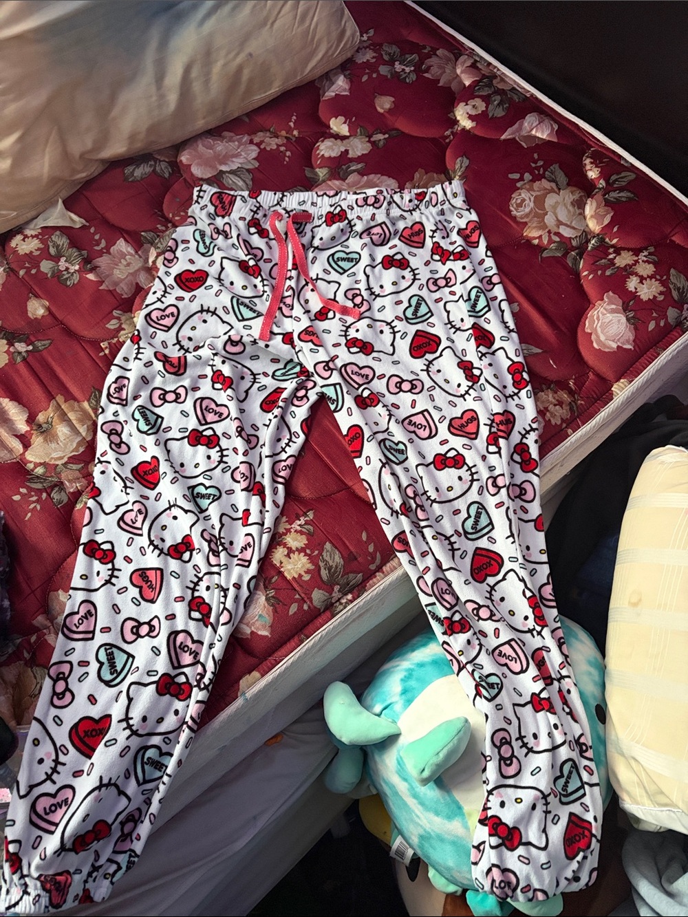 Hello Kitty Valentine’s white pants with candy hearts and sprinkles sizeM womens